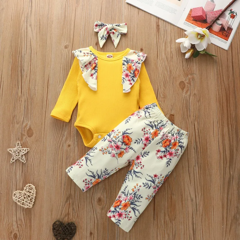 

3pc Clothes Set Newborn Baby Girl Ruffled Long Sleeve Romper Bodysuit Floral Pants Headband Outfits Baby Girl Autumn Long Pants