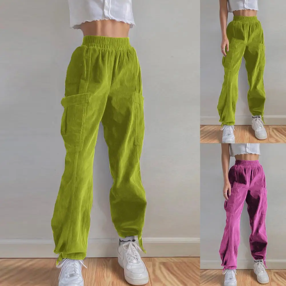 

Vintage 90S Corduroy Pants Women Elastic Waistband Ankle Tied Harajuku High Waist Long Straight Trousers 2021 Spring Girls Pants