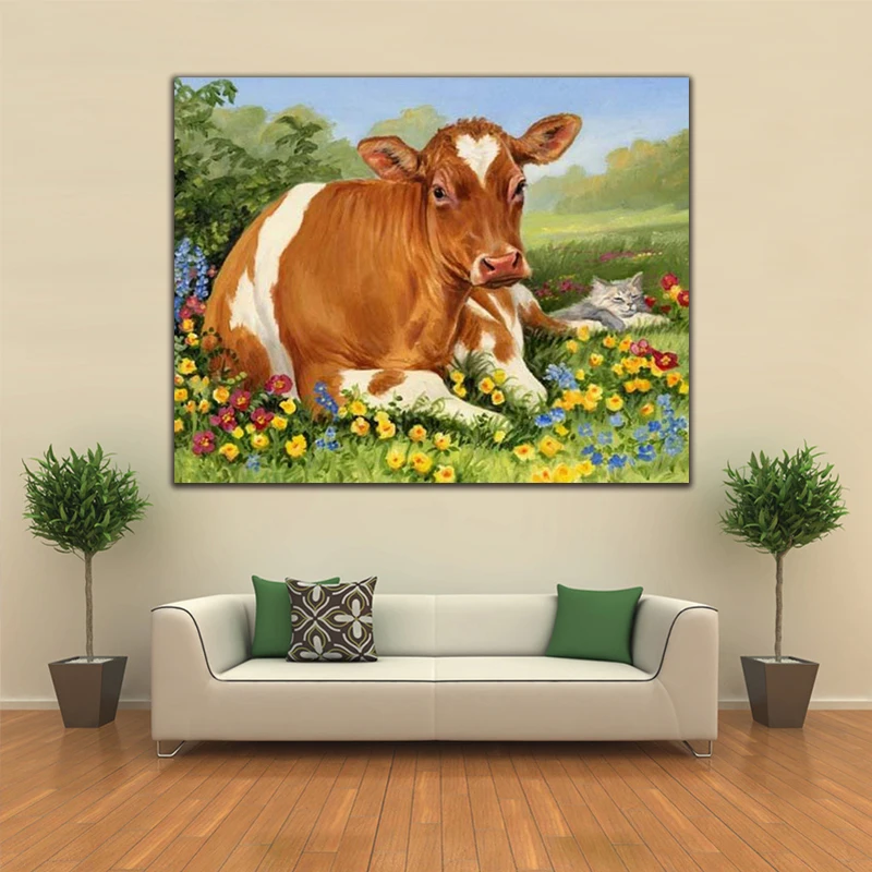 DIY картинки для раскраски по номерам с коровами и кошкой картина рисования