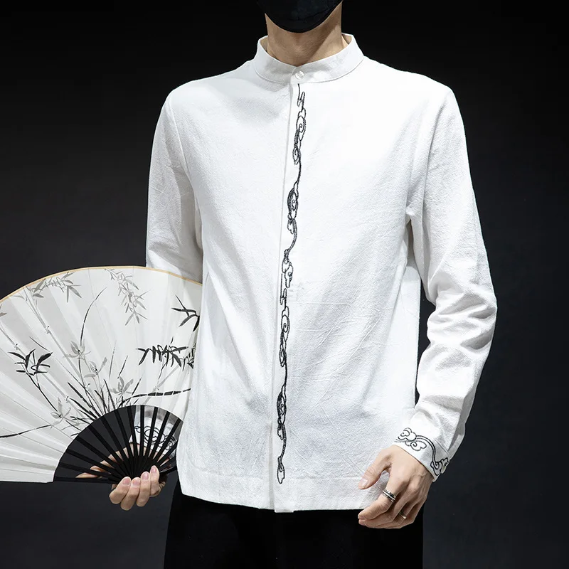 Традиционная китайская одежда для мужчин из хлопка и льна с длинным рукавом