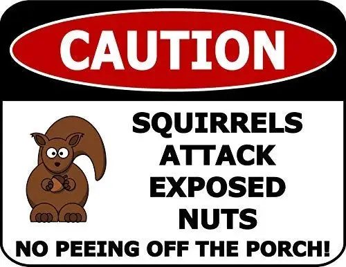 

BGOJM Caution Squirrels Attack Exposed Nuts No Peeing Off The Porch! 8" X 12" inch Aluminum Metal Sign