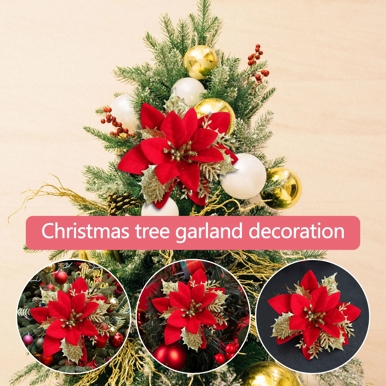 

Christmas Trees Decor Glitter Artificial Poinsettia Bush Wreath Red Gold Silver Flower for Wedding Party Home Xmas Decoration