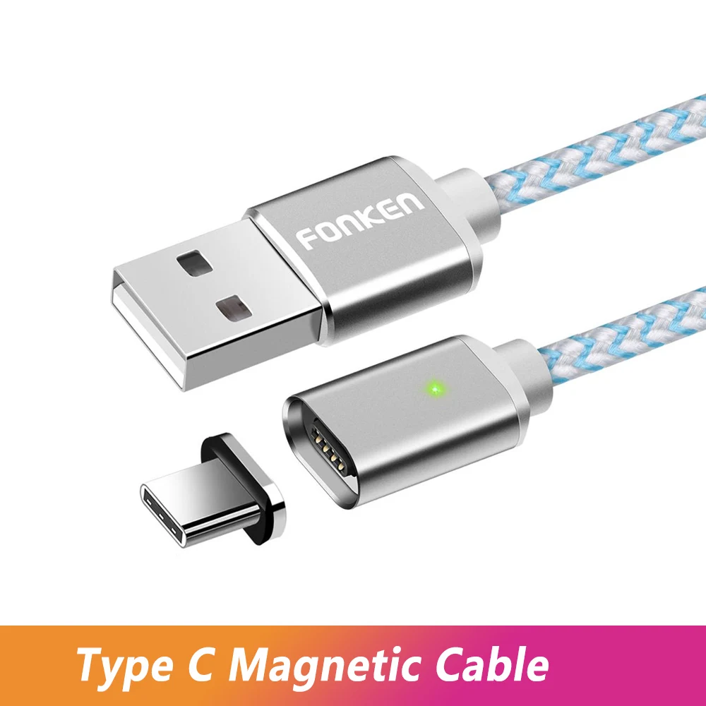 White Type c Cable FONKEN Магнитный usb-кабель Micro USB type C Магнитный кабель для телефона 1 м 2 м светодиодный Быстрый Магнитный зарядный кабель Mini usb C зарядный шнур - Цвет: White Type c Cable