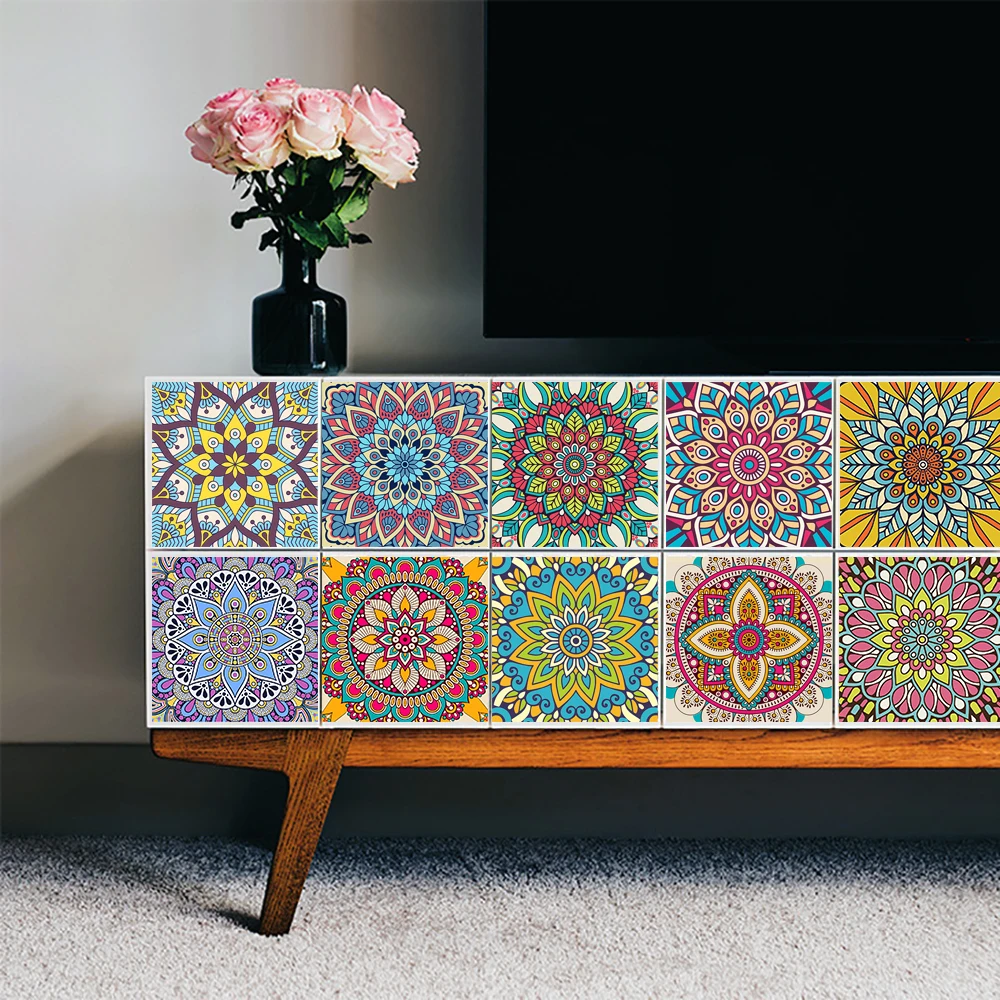 

Красочные Мандала полосы Керамика стены Стикеры глянцевая поверхность Кухня Ванная Комната Лестница обои маслостойкой Плитки художествен...