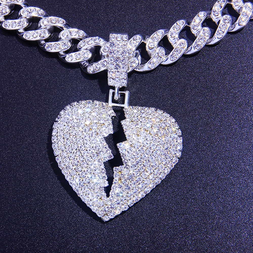 

Stonefans Men Hip Hop Necklace Cuban Chain Pendant Necklace Jewelry Statement Rhinestone Broken Heart Necklace Hiphop for Women