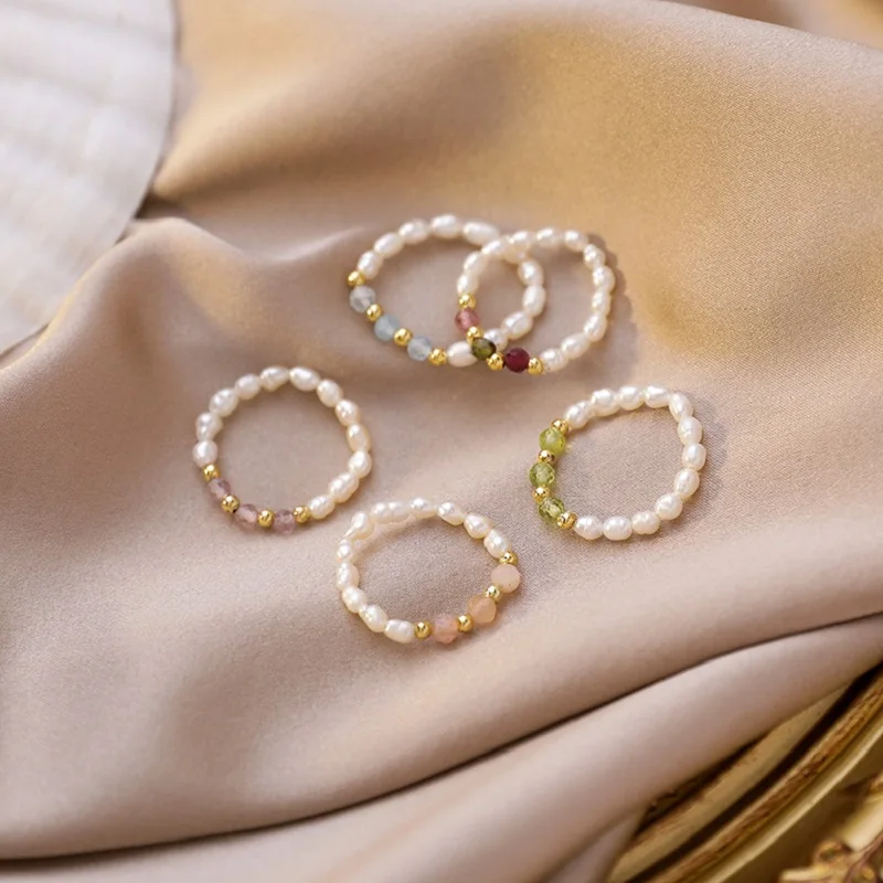 

Korea Cute Beaded Imitation Pearl Rings For Women Colorful Crystal Adjustable Rope Chain Ring Continuous Circle Minimalist Ring