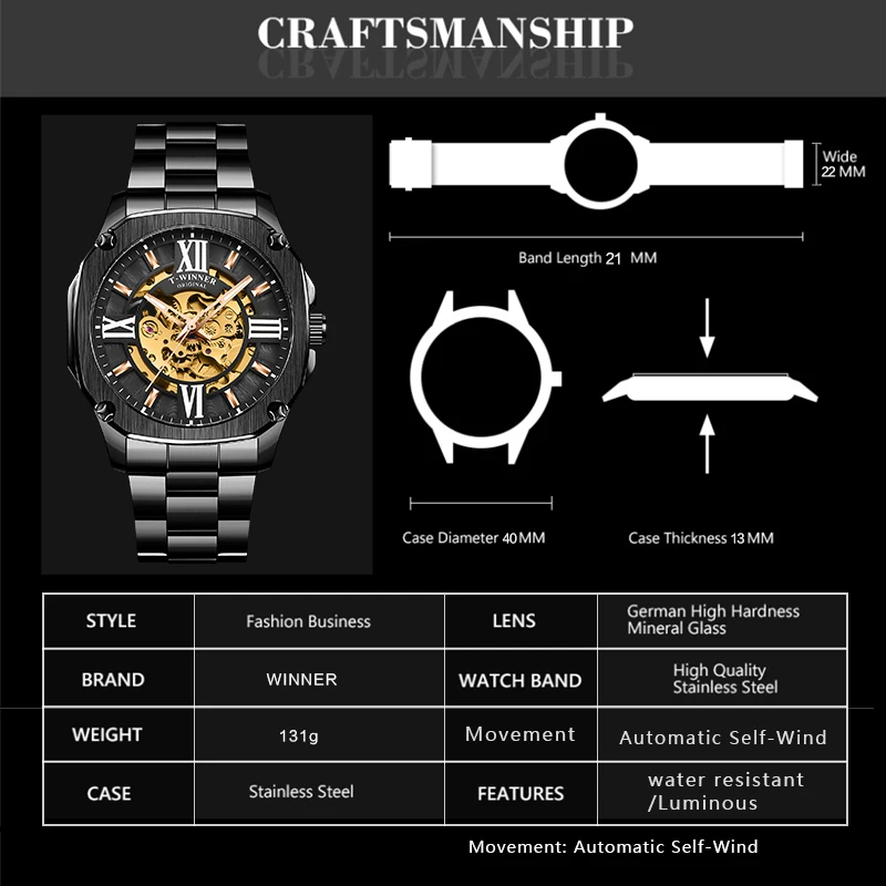 Top Brand WINNER Men Automatic Watch Black Golden Hollow Skeleton Stainless Steel Male Business Mechanical Clock Dropship | Наручные часы
