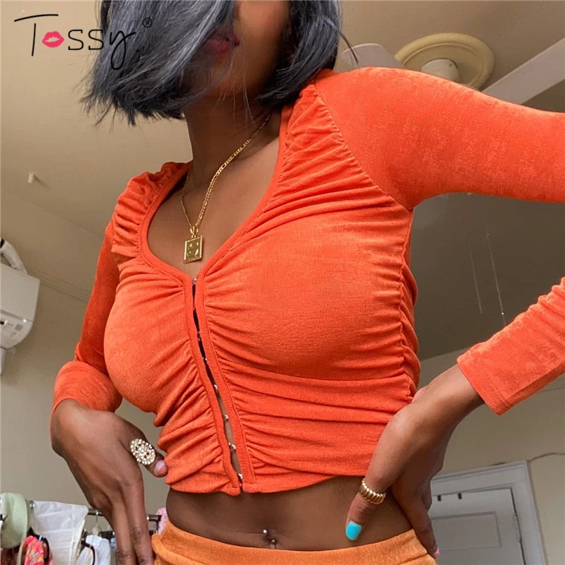 

Tossy Long Sleeve Ruched V-Neck Crop Shirt Casual Slim Black Cropped Tops Women 2021 High Street Female Solid Tunics T-shirt