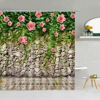 vintage stone brick wall green leaf flower wooden door shower curtain set high quality fabric bathroom supplies decor with hooks