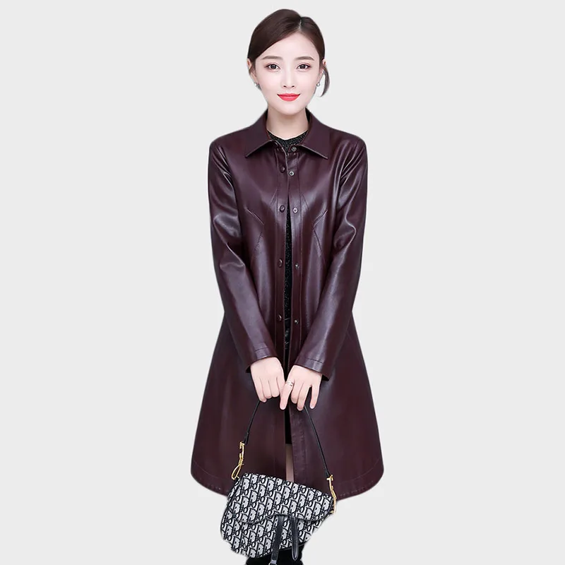 Enlarge Classic coat Women Leather jacket Large size Long trench coats Top women clothing Korean style Leather coats autumn Outwear 99