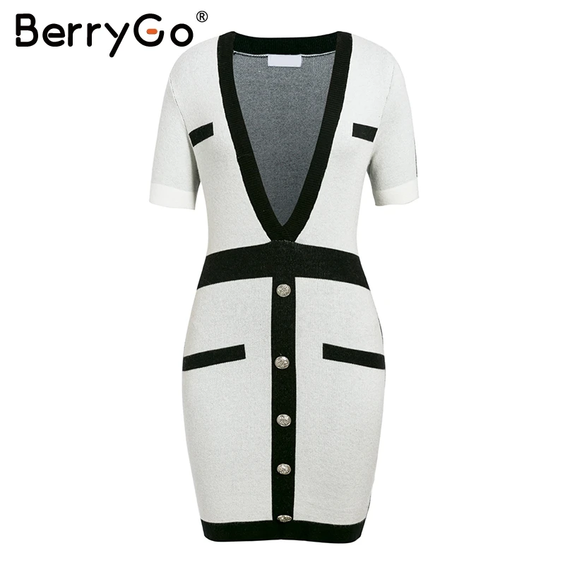 BerryGo Sexy v-neck women knitted dress Vintage winter lady club streetwear mini dress Party style autumn bodycon sweater dress