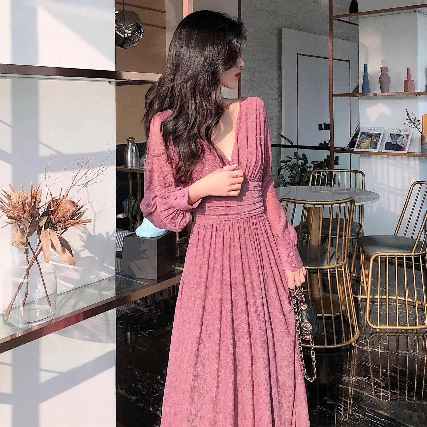 

Vintage Glitter Long Maxi Dress Women Spring High Waist Long Sleeve Elegant Boho Dress Shiny Party Dress Plus Size Sexy
