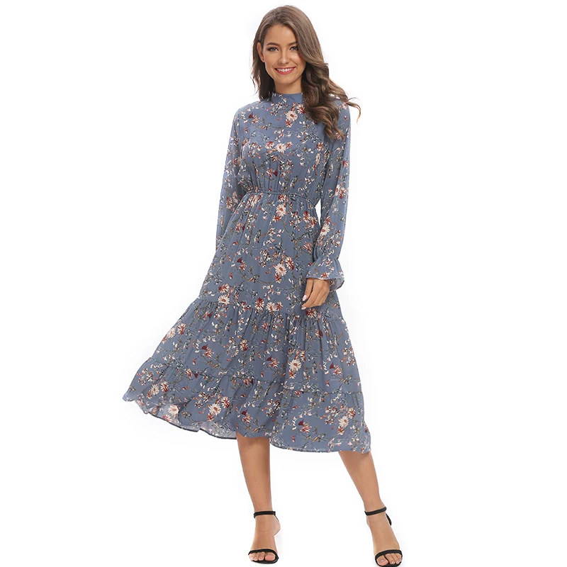 

Женское шифоновое платье с принтом, синее платье-трапеция средней длины с круглым вырезом, длинным рукавом, эластичным поясом и листьями ло...