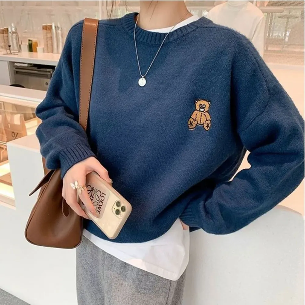 

ZOTTSOZ Knitwear Pullovers Harajuku Casual Women 2021 Autumn Fashion Embroidery Bear Sweater Streetwear Loose Knit Jumper Tops