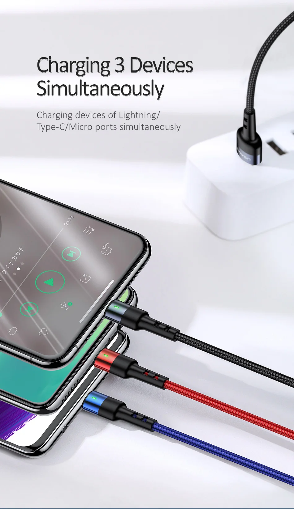 USAMS 3 в 1 Micro USB кабель 3A type C кабель для iPhone кабель USB C кабель для зарядки 4 в 1 шнуры для iPhone 6 6s 7 8 x xs samsung