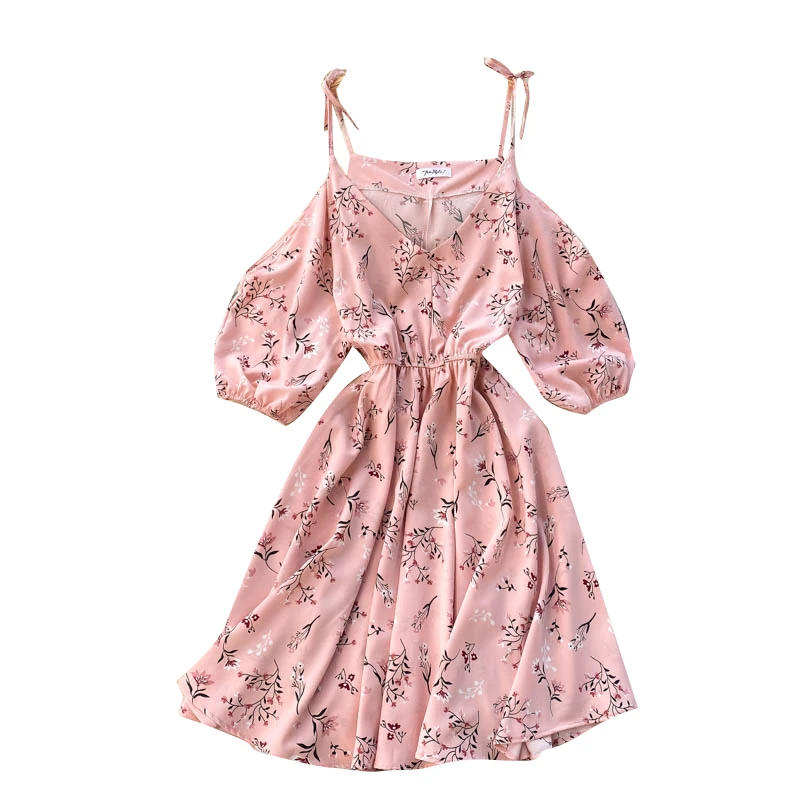 

Sweet and Age-reducing Floral Vestidos Female V-neck Sexy Strapless Puff Sleeve Waist Slimming Fashion Suspender Midi Dress C740