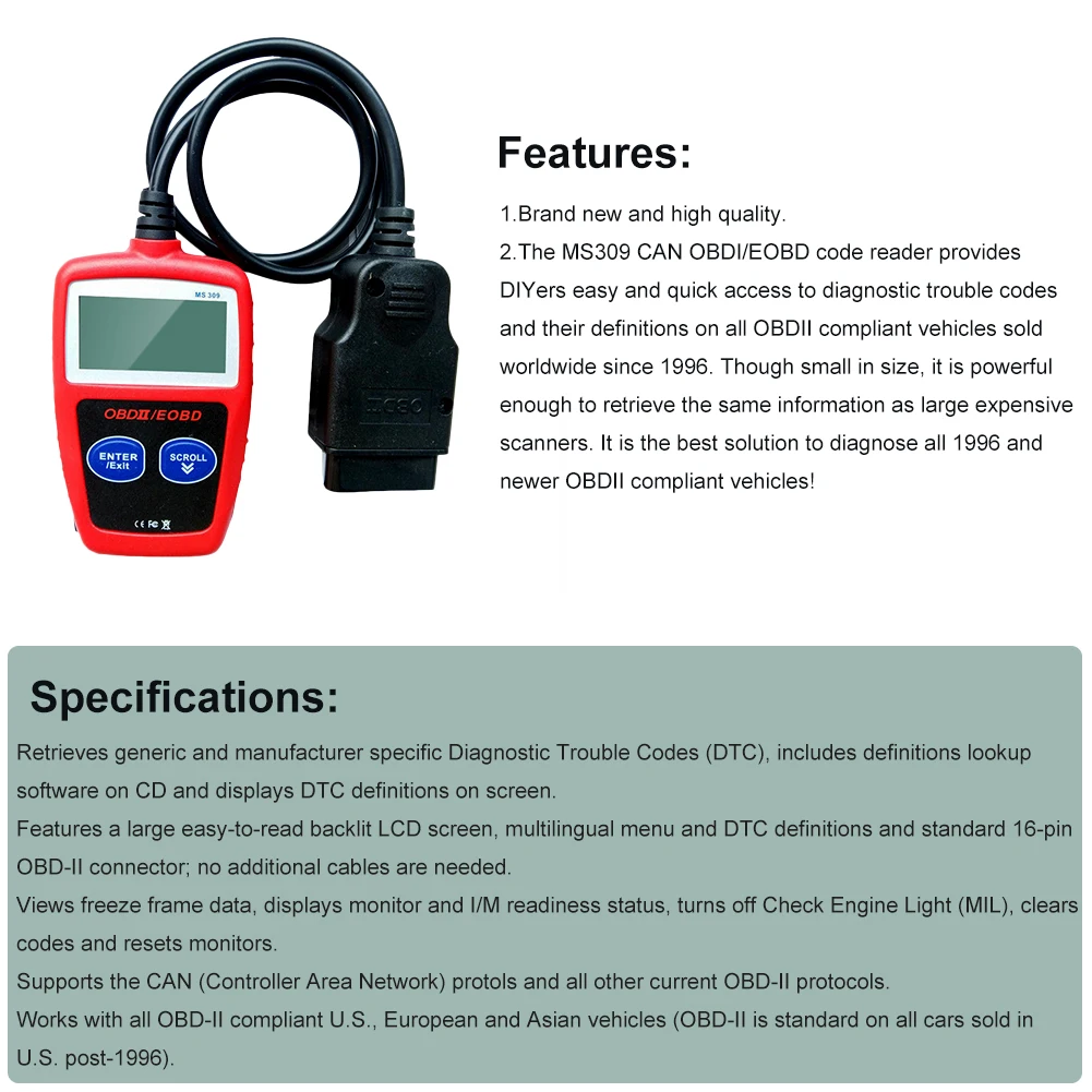 

OBD2 Code Reader MS309 Scanner OBDII EOBD CAN Car Engine Auto Diagnostic Tool Vehicle Check Engine Light Analyzer for Vehicles