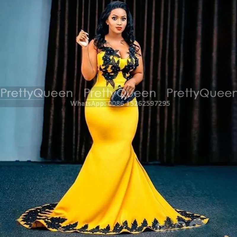 

Exquisite Black Floral Appliques Prom Dresses Mermaid Beads Gold Yellow Satin Women Long Trumpet Reception Dresses Party Gown