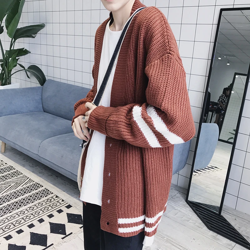 2019 мужской шерстяной вязаный Свободный кардиган с v-образным вырезом и дырками