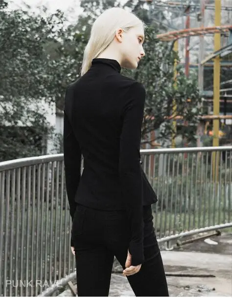 Панк рейв Женская готика Высокая шея шнуровка с длинными рукавами футболки PT 396