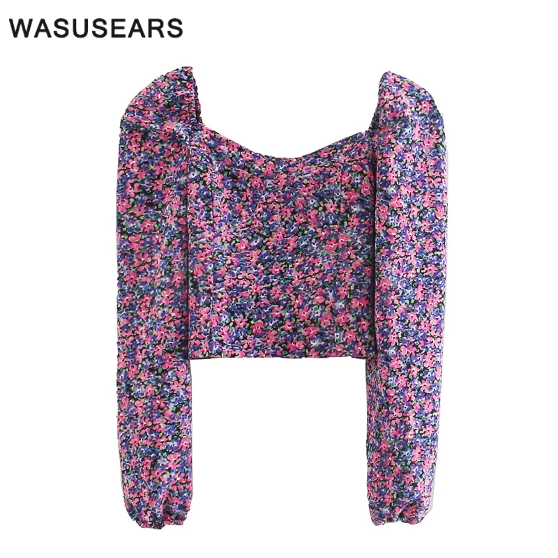 Весенне-осенний фиолетовый топ с цветочным принтом 2020 Женский винтажный Топ