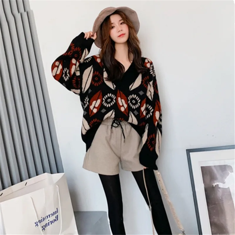 

Lazy Style Sweater Women Autumn And Winter New Korean Version Loose Fashion Retro Jacquard Knitted Bottoming Shirt Female C334