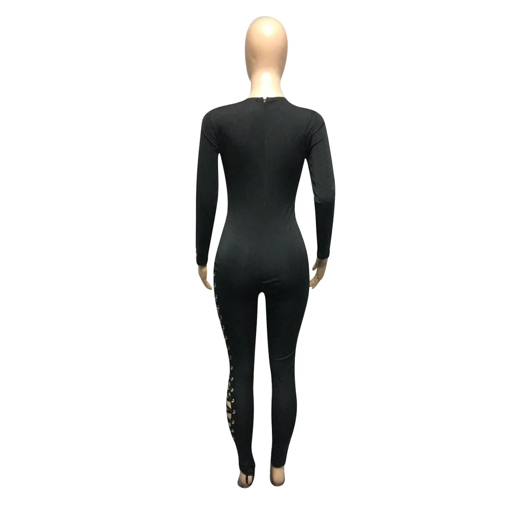 

Black Cross Lace Up Rompers Womens Jumpsuit Deep V Neck Long Sleeve Club Party Bodysuit Autumn Fashion Elastic Skinny Playsuits