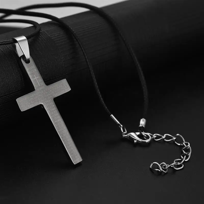 Классический крест черный серебристый цвет подвеска синего цвета кожаная