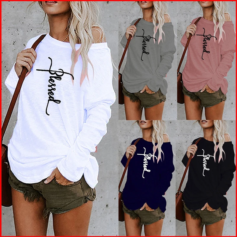 

Letter Sexy Off Shoulder Tops Spring Summer Women Casual Y2k Dill Top Long Sleeve Loose T Shirts Female Pullover Camisetas Mujer