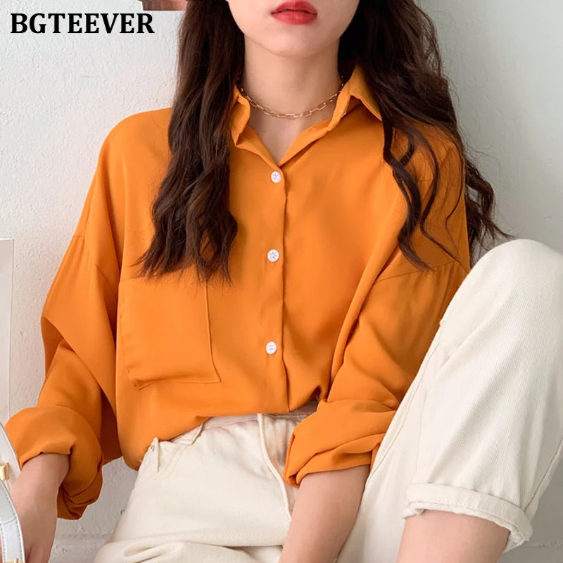 Повседневная винтажная женская блузка BGTEEVER на пуговицах рубашка однотонные