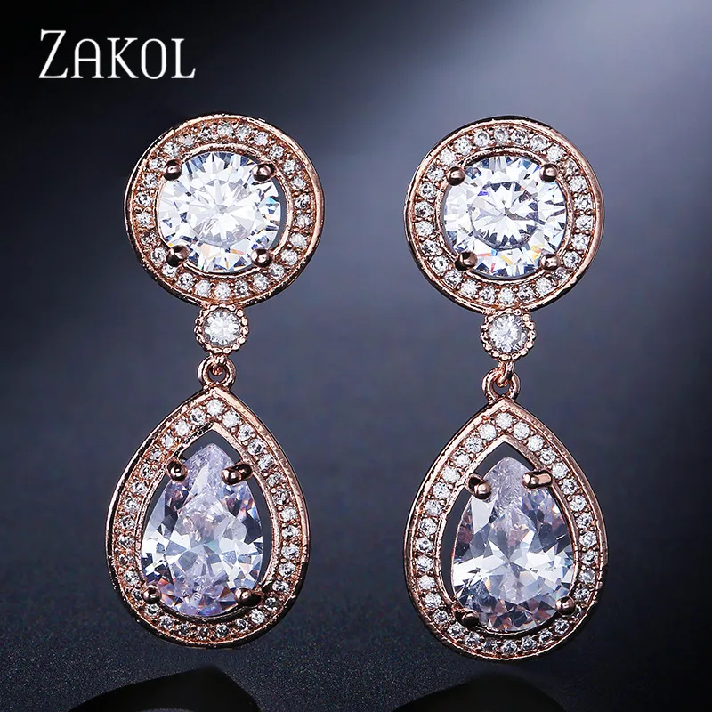 Классические висячие серьги ZAKOL из розового золота и белого кубического циркония