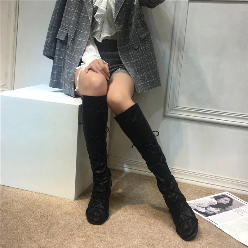 Murah Sepatu Bot Setinggi Lutut Wanita Sepatu Hak Tinggi Stiletto Kulit Hitam Dengan Tali Renda Dua Cara Pemakaian M7