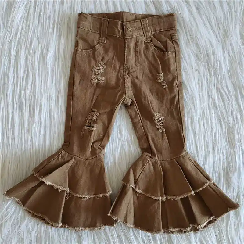

New Baby Girls Vintage Pink Bell-Bottom Jeans Pants High Waisted Denim Pans For Teen