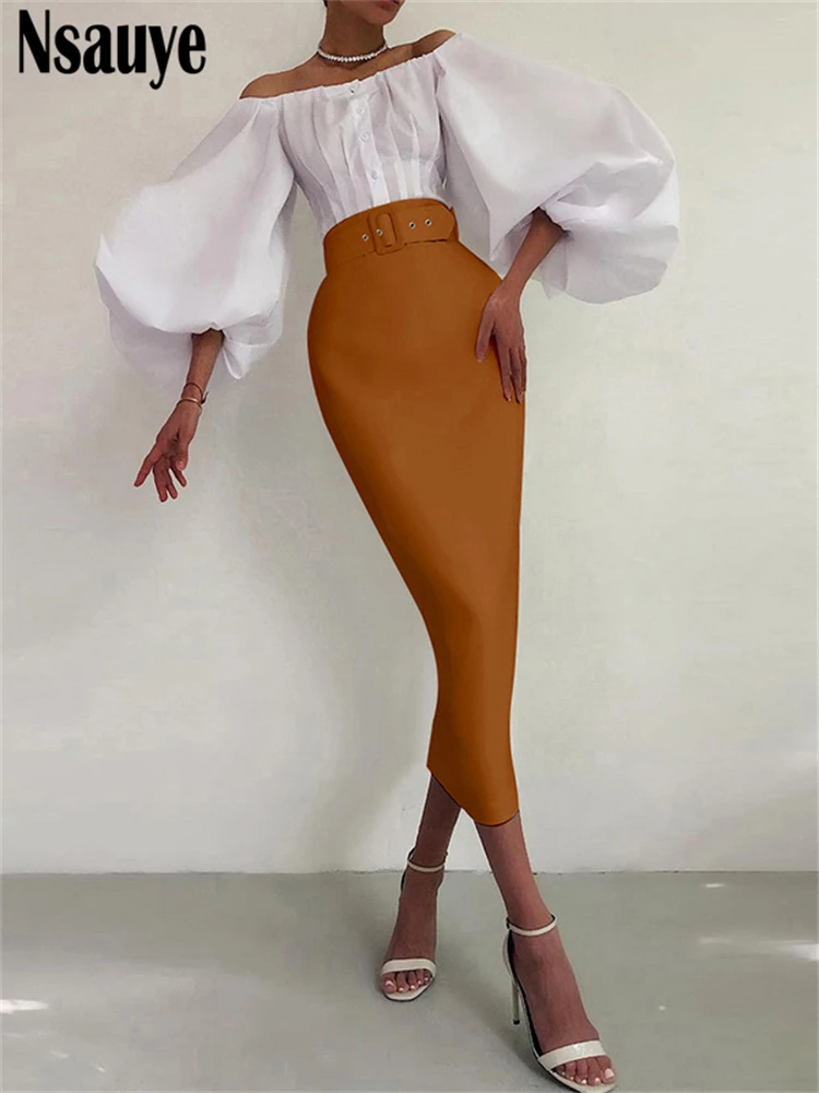 

Nsauye Fashion High Waist Split Sexy Women Midi Skirt With Belt Office Ladies 2022 Harajuku Bodycon Black White Vintage Skirt