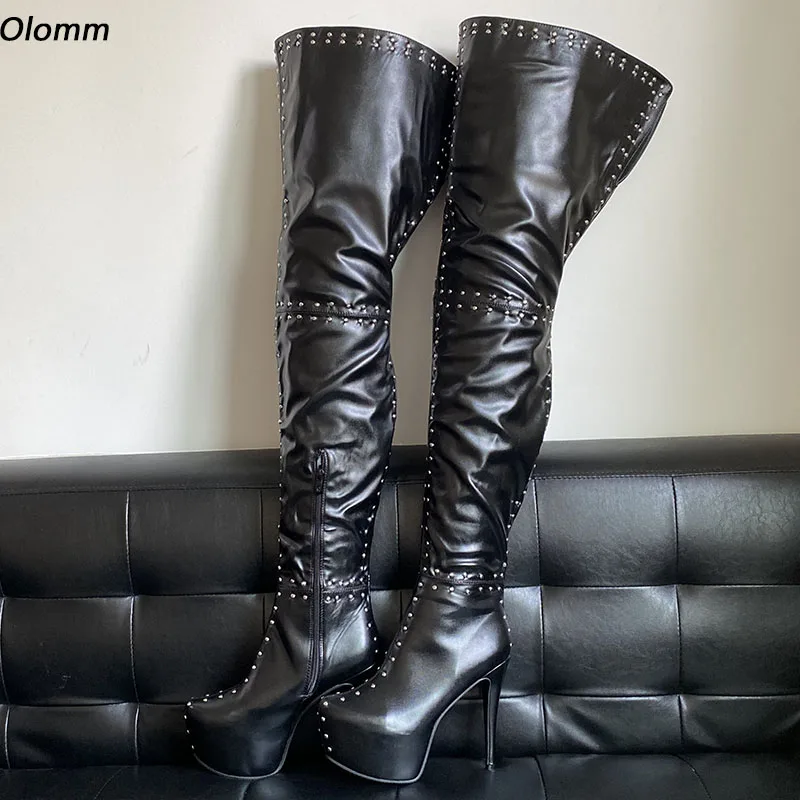 

Женские высокие ботинки с круглым носком Olomm, белые и черные пикантные туфли с каблуком, размер 4-16