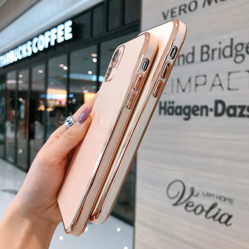 

Square Gold Plating Soft Case For iPhone 12 Pro Max Mini 11 XS X XR 6 6S 7 8 Plus SE 2020 Luxury Glossy Frame Lens Protect Cover