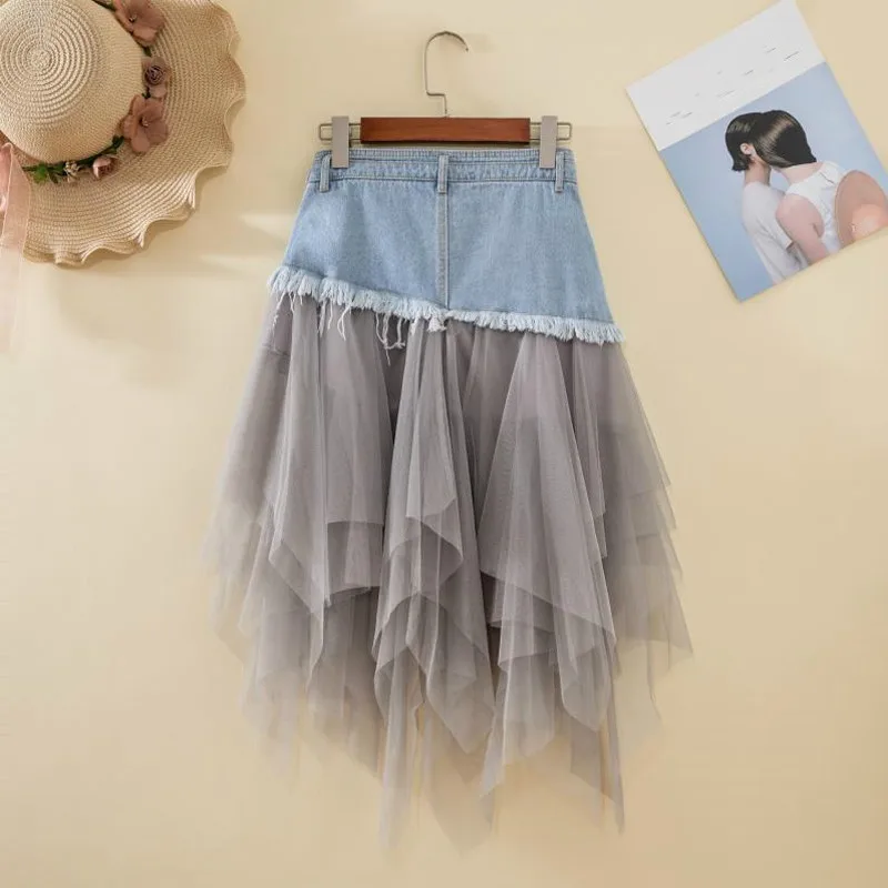 Summer Denim Jeans Skirt Women irregular High Waisted Tulle Skirts Mesh Patchwork Pockets Pleated Mid-Calf Tutu Street 2021 | Женская