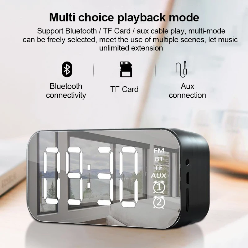 

LED Mirror Screen Alarm Clock Watch Table Digital Clock Wireless Bluetooth 5.0 MP3 HiFi Speaker Subwoofer Portable Audio