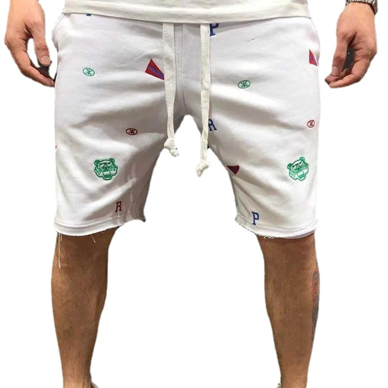 

Новинка, летние брендовые вышитые хлопковые мужские свободные брюки в стиле хип-хоп, пять точек, Спортивные Повседневные Шорты Для Бега