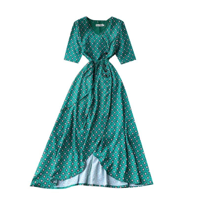 

2021 Summer New Fashion Temperament Retro Floral Vestidos Women's Short-sleeved Waist One-piece Midi Dress GK373