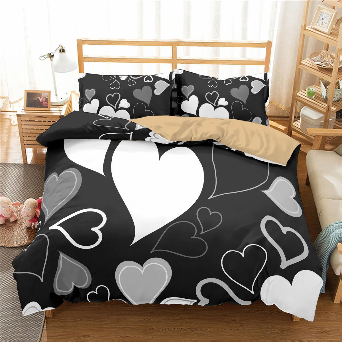 

Girls Heart Duvet Cover Black and White Reversible Bedding Sets 2/3pcs Soft Microfiber Quilt Covers with Zipper Pillowcases
