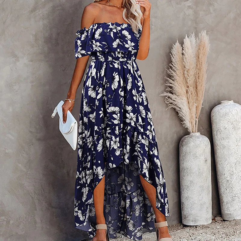 

Chic Sexy Off Shoulder Ruffle Long Dress 2021 Elegant Floral Print Irregular Beach Dress Summer Short Sleeve Women Party Dresses