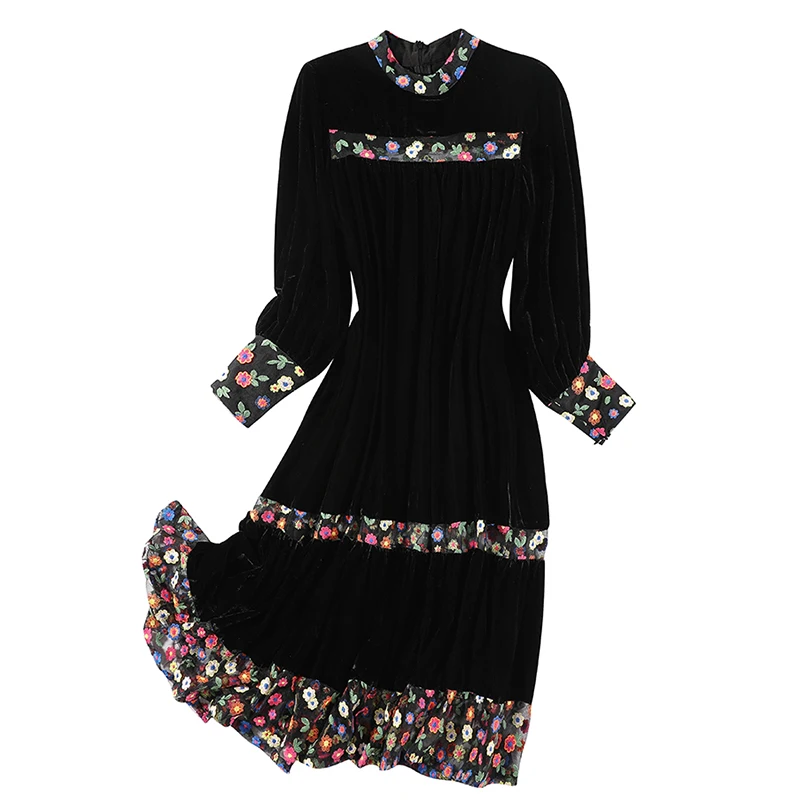 

2021 Elegant Vintage Floral Black Velvet Midi Dresses Autumn Winter Patchwork 4XL Plus Size Dresses Women Bodycon Party Vestidos