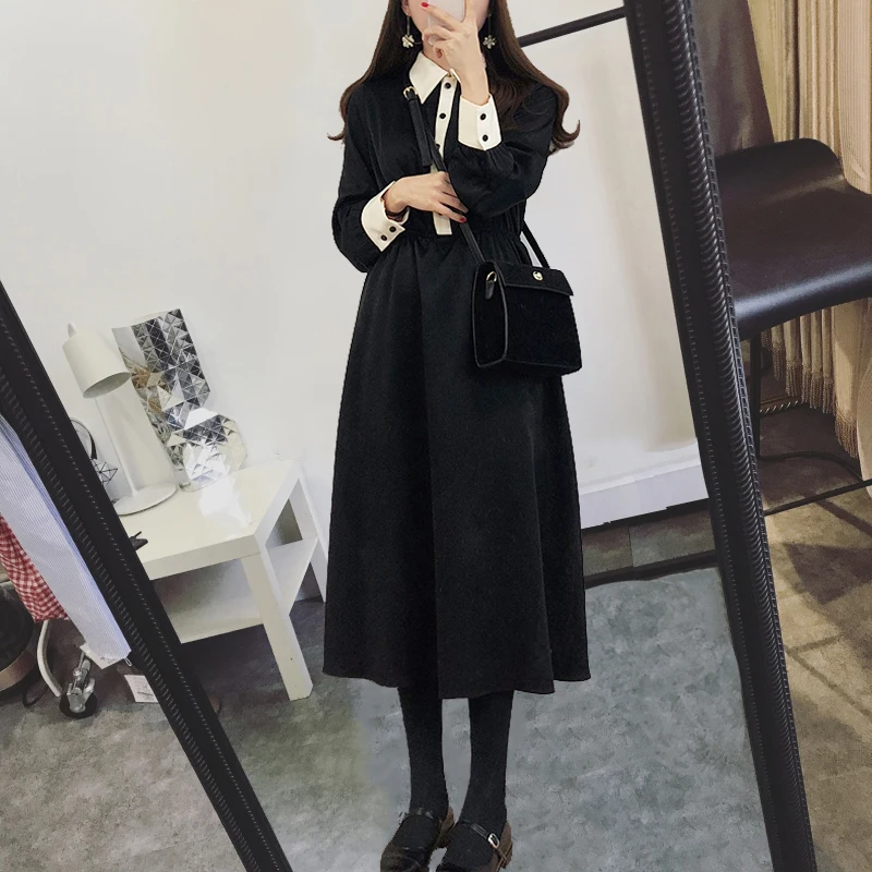 Женское лоскутное платье трапеция с длинным рукавом Повседневное средней длины