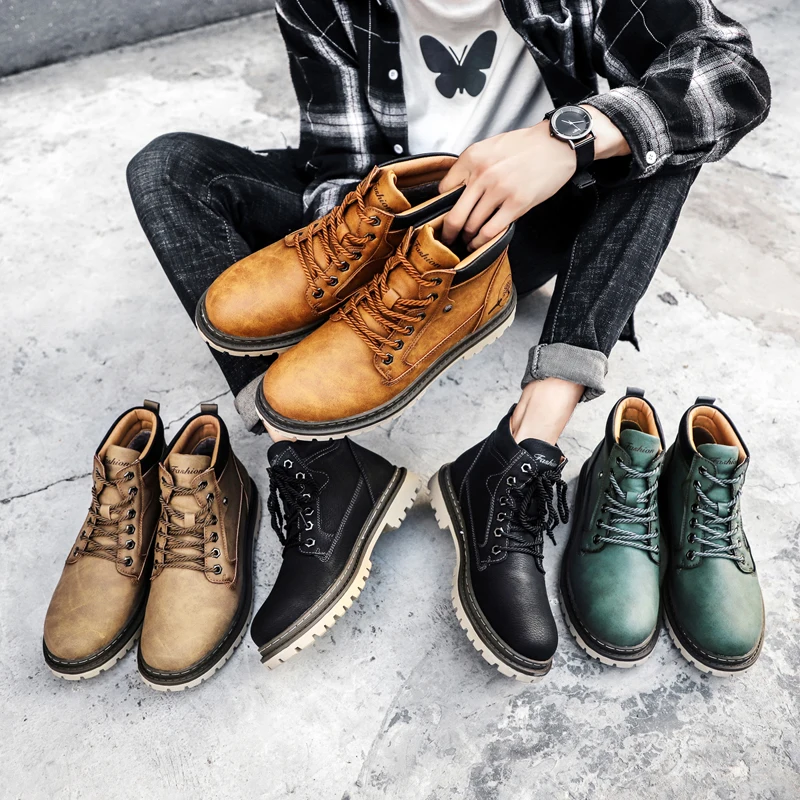 

Winter Men's Leather Boots Classic Men Warm Fur Snow Boots Outdoor Brand Punk Men Motorcycle Boots Lace Up Men's Tooling Shoes