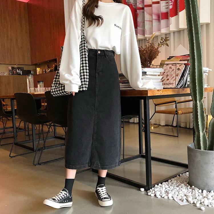 

Slim High Waist Midi Jean Skirt Women A-line Loose Streetwear Skirts Female Pockets Denim Skirts 2021 Spring Autumn