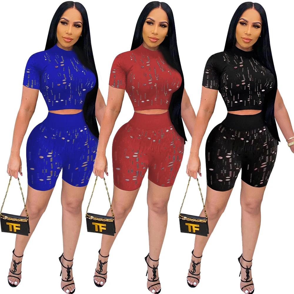 

Summer Fashion Women's New High Elastic Jacquard Fabric Hole Street Wear Casual Sports Two Piece Suit Wholesale Dropshipping