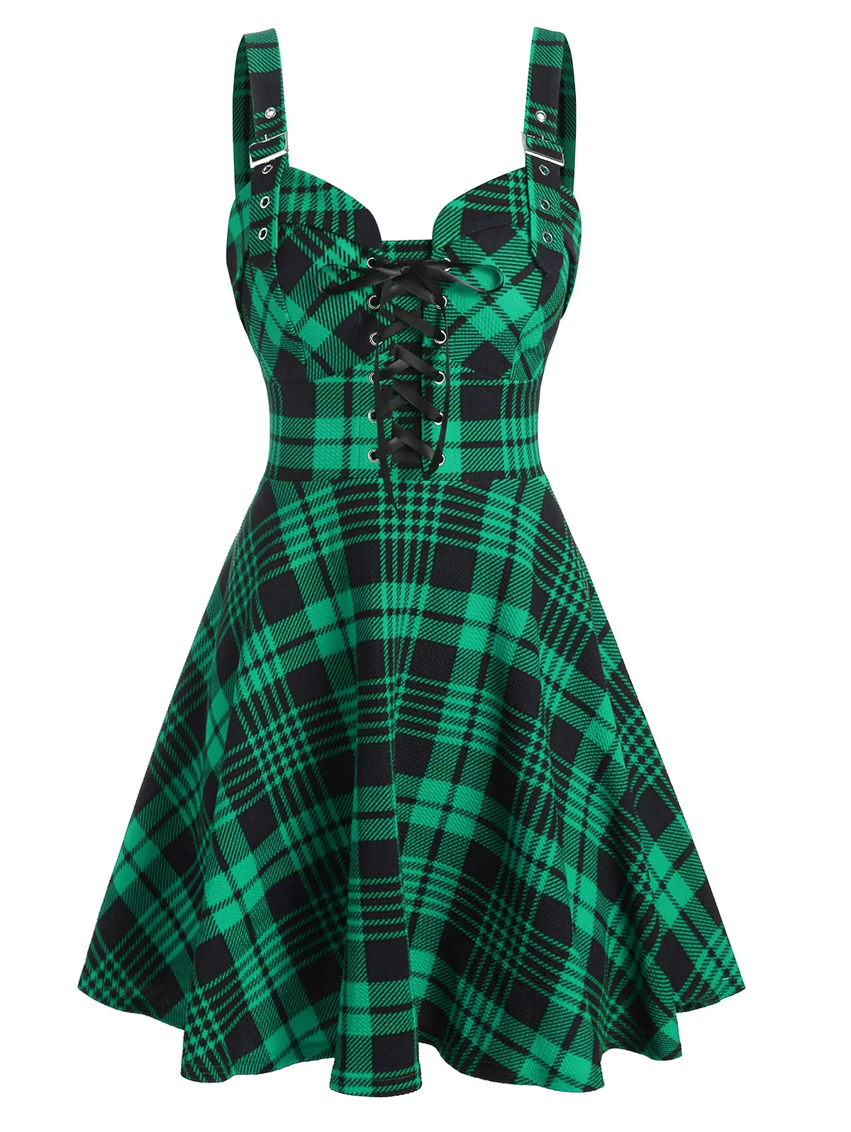 

Wipalo Plus Size 3xl Casual Dress Plaid Print Lace-Up Front Buckle Strap Dress Women Sleeveless A Line Mini Dress Vestidos Femme