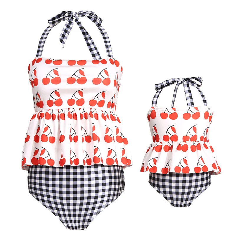 

PopReal Hot Sale 2021 Summer Mom Girl Cherry Prints Lattice Bandage Matching Swimwear Family Matching Swimsuits Split Swimsuit
