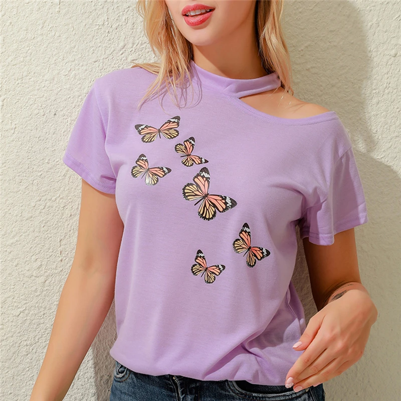 

Girls Tshirt Off Shoulder Short Sleeve Butterfly Print Ladies Tshirts Halter 2020 Summer Fashion Casual T Shirts Tops Women